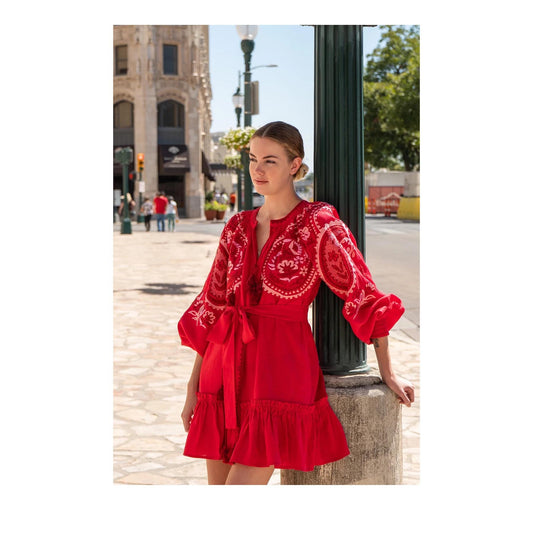 March11 rotes besticktes Leinenkleid - KNOCKNOK Fashion