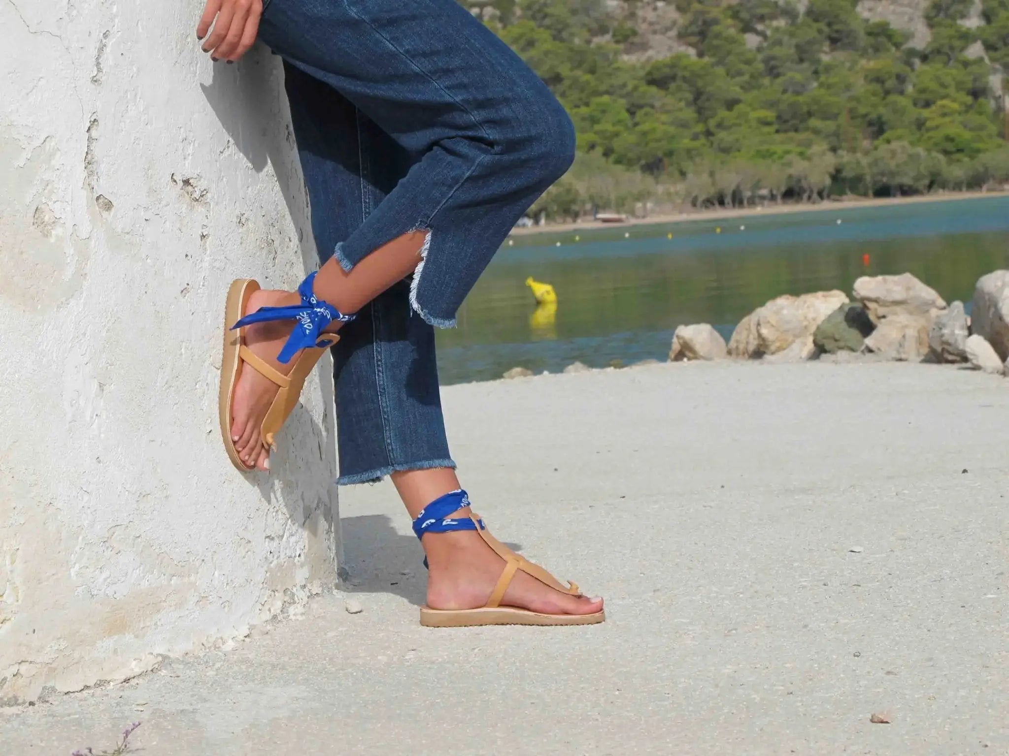 Greek Chic Handmades leather sandals with bandana towels